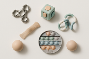 high quality minamalistic image of a variety of fidget toys